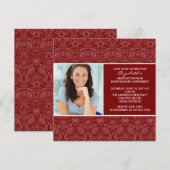 Afstuderen-uitnodiging met foto Red Damask Kaart (Voorkant / Achterkant)