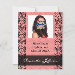 Afstuderen Uitnodiging, Roze en Zwarte Damask Kaart