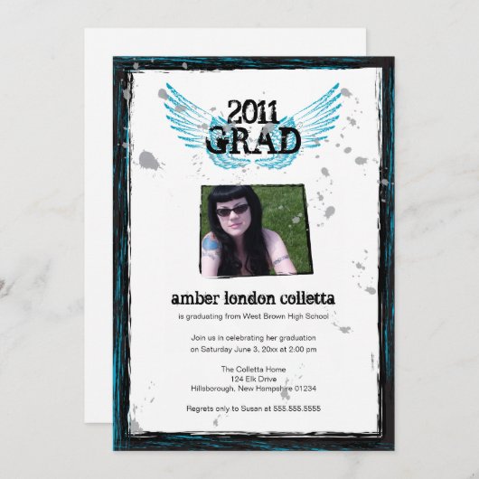 Afstuderen Uitnodiging voor Black and Blue Grunge  (Voorkant / Achterkant)