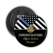 Afstuderen van politie blauwe lijnvlag gefelicitee button flesopener (Voorkant)