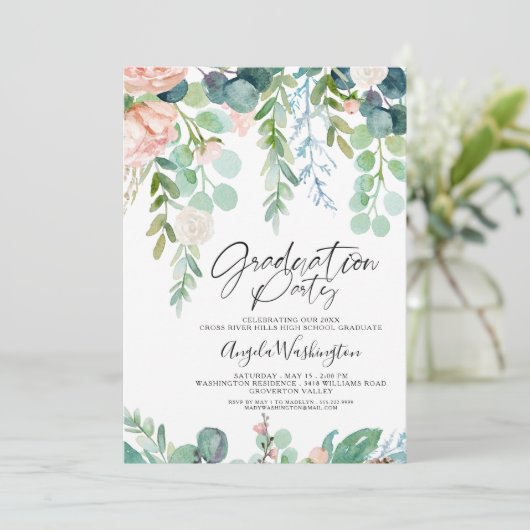 Afstuderen Waterverf Greenery Chic Script Party Aankondiging (Staand voorkant)
