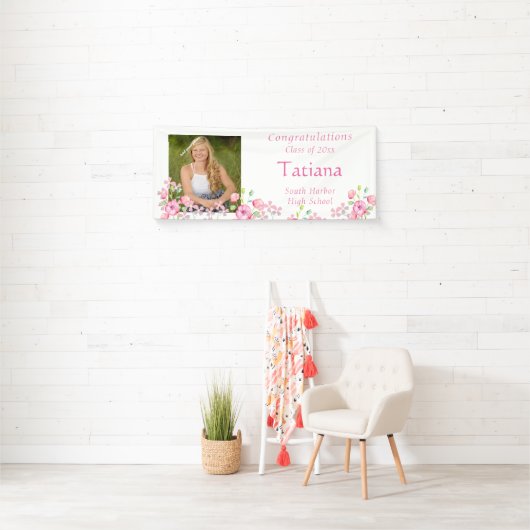Afstuderen, Waterverf, Roze Bloem, Aangepaste Foto Spandoek (Insitu)