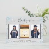 Afstuderen zilverblauwe foto bedankkaart (Staand voorkant)