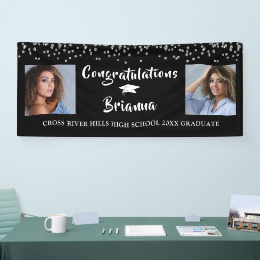 Afstuderen Zilveren Confetti Script Foto Zwart Spandoek (Beurs)