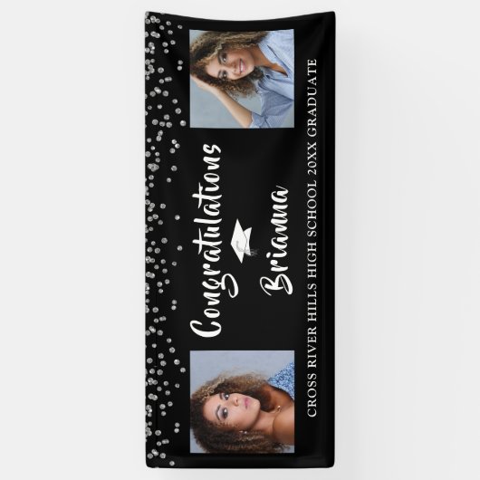 Afstuderen Zilveren Confetti Script Foto Zwart Spandoek (Verticaal)