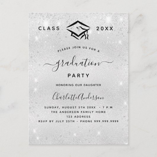 Afstuderen zilveren glitter modern uitnodiging briefkaart (Voorkant)