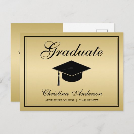 Afstuderen zwart Afstudeerder Pet en script op zil Uitnodiging Briefkaart (Voorkant / Achterkant)