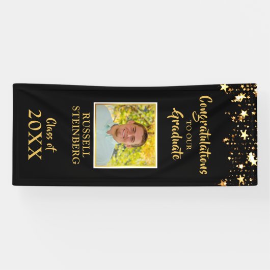 Afstuderen Zwart en Gouden Sterren Fotodeur Spandoek (Horizontaal)