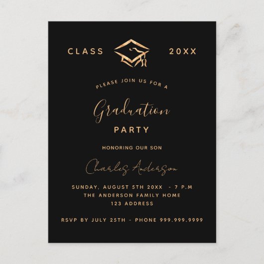 Afstuderen zwart goud minimalist 2025 uitnodiging briefkaart (Voorkant)