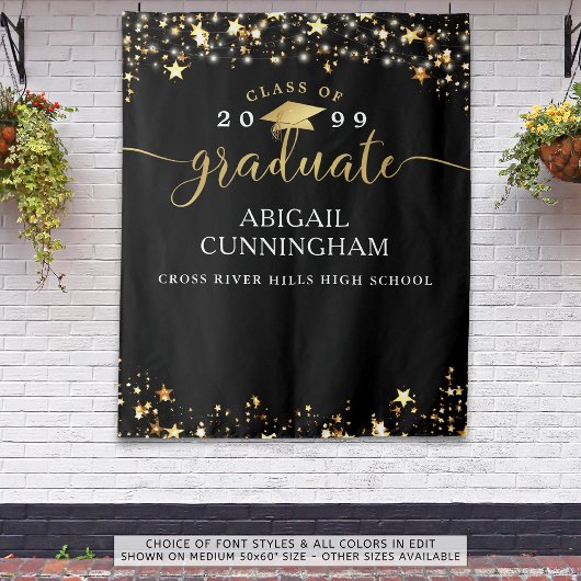 Afstuderen Zwart Goud Sterren Confetti Lichten Scr Wandkleed