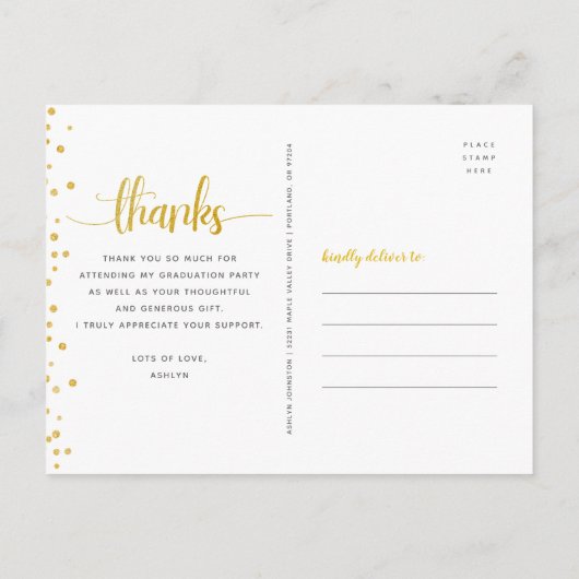 Afstuderen zwart goudglitter script bedankt briefkaart (Achterkant)