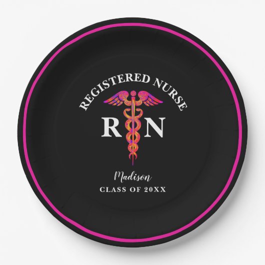 Afstuderen zwart warm roze monogram papieren bordje (Voorkant)