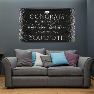 Afstuderen zwart/zilver glitter spandoek