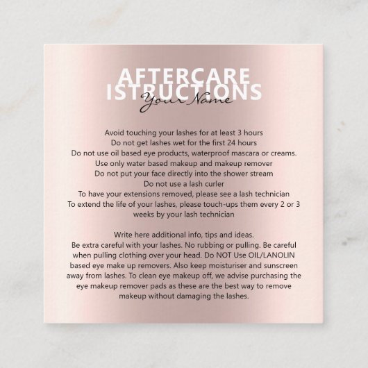 Aftercare Instructies Lash Grote tekstruimte Vierkante Visitekaartje (Achterkant)
