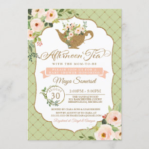 Afternoon Tea Luxury Blush Mint Floral Baby shower Kaart