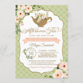 Afternoon Tea Luxury Blush Mint Floral Baby shower Kaart