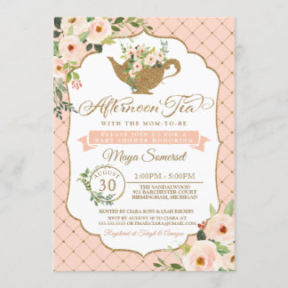 Afternoon Tea Luxury Blush Pink Floral Baby shower Kaart