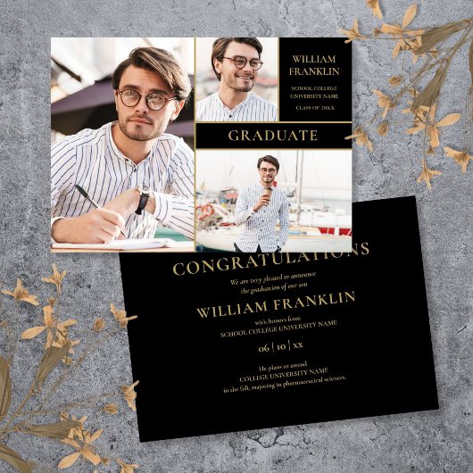 Afwastudeerd Zwart en Goud 3 Foto Collage Afstuder Aankondiging