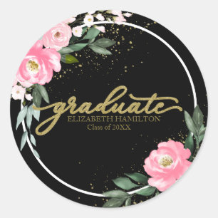 Afwikkeld Roze Bloemige Afstudeerfeest Zwart Ronde Sticker