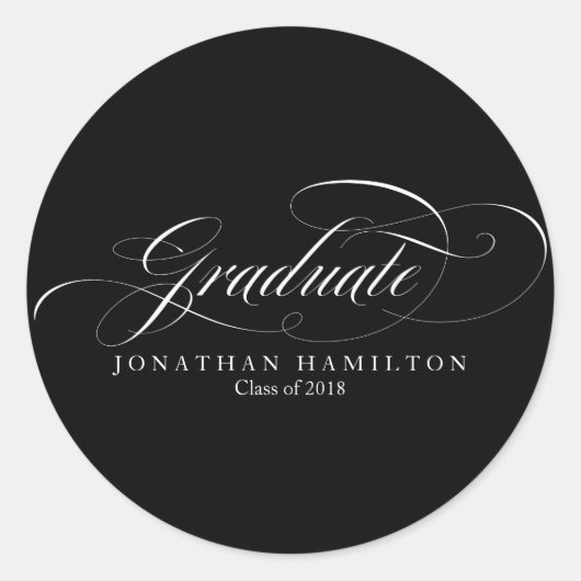 Afwstuderen Zwart & Wit Fancy Script Afstuderen Ronde Sticker (Voorkant)