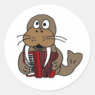 AG- Funny Walrus die Accordion Cartoon speelt Ronde Sticker