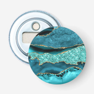 Agaat Blauwgroen Blauw Goud Glitter Marmer Aqua Tu Button Flesopener