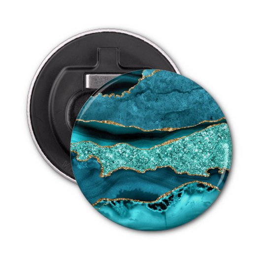 Agaat Blauwgroen Blauw Goud Glitter Marmer Aqua Tu Button Flesopener (Voorkant)
