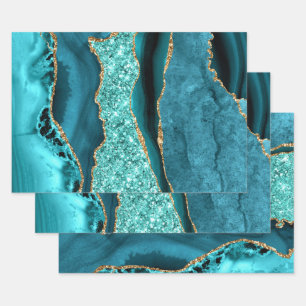 Agaat Blauwgroen Blauw Goud Glitter Marmer Aqua Tu Inpakpapier Vel