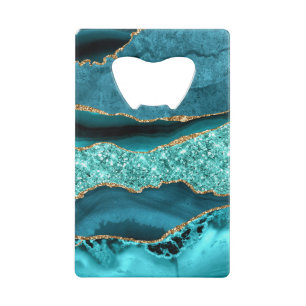 Agaat Blauwgroen Blauw Goud Glitter Marmer Aqua Tu Kredietkaart Flessenopener