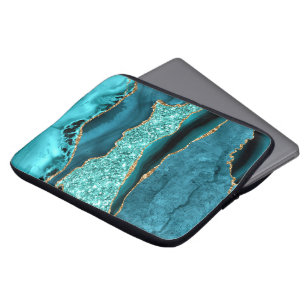 Agaat Blauwgroen Blauw Goud Glitter Marmer Aqua Tu Laptop Sleeve