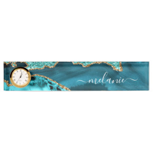 Agaat Blauwgroen Blauw Goud Glitter Marmer Aqua Tu Naambordje
