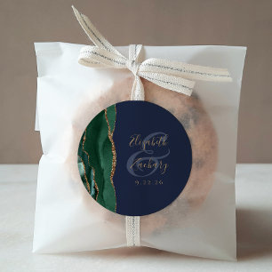 Agaat Geode Script Emerald Groen Goud Navy Bruilof Ronde Sticker