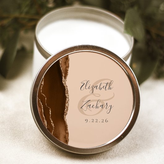 Agaat Geode Script Mocha Bruin Goud Tan Bruiloft Ronde Sticker