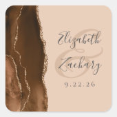 Agaat Geode Script Mocha Bruin Goud Tan Bruiloft Vierkante Sticker (Voorkant)