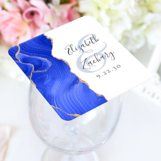 Agaat Geode Script Royal Blue Gold Wedding Vierkante Kartonnen Onderzetter