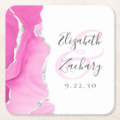 Agaat Geode Script Roze Zilveren Bruiloft Vierkante Kartonnen Onderzetter (Voorkant)