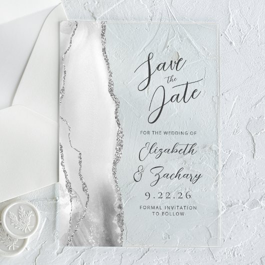 Agaat Grijs Wit Zilver Modern Script Bruiloft Acryl Uitnodigingen