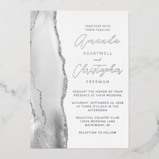 Agaat Grijs Zilver Script Bruiloft Folie Uitnodiging (Voorkant)
