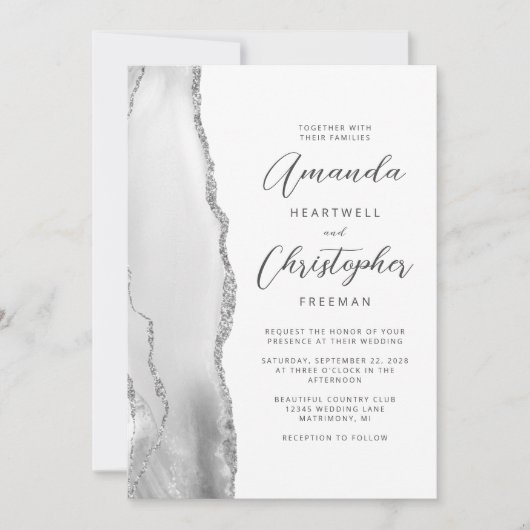 Agaat Grijs Zilver Script Bruiloft Kaart (Voorkant)