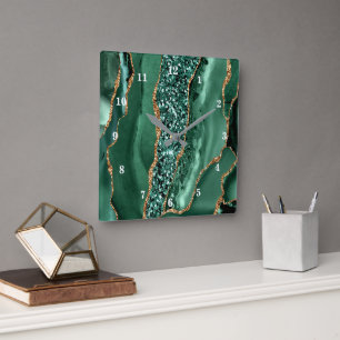 Agaat Groen Goud Glitter Smaragd Wandklok Vierkante Klok