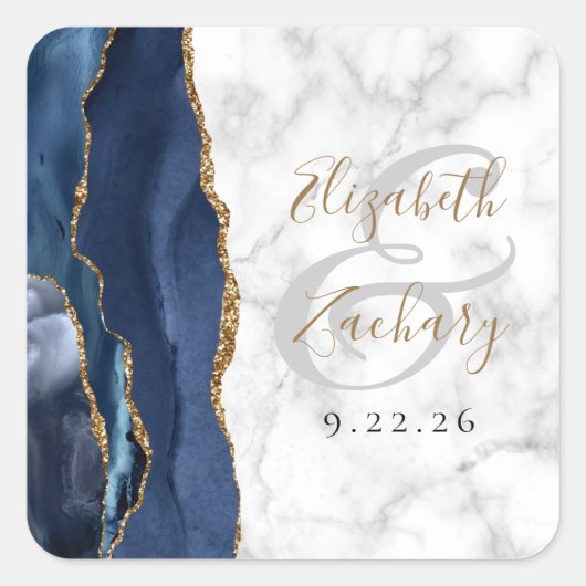 Agaat Marmer Marine Blauw Goud Script Bruiloft Vierkante Sticker (Voorkant)