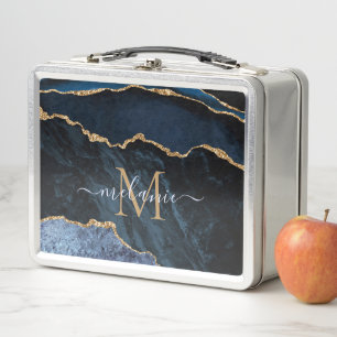 Agaat Navy Blauw Goud Naam Letter Metalen Lunchbox