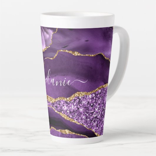Agaat Paarse Gouden Glitter Custom Name Latte Mok (Rechterhoek)