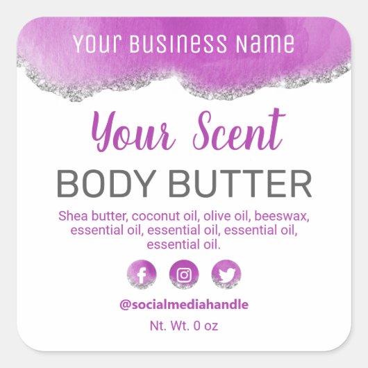 Agaat Paarse Silver Glitter Wit Productlabels Vierkante Sticker (Voorkant)