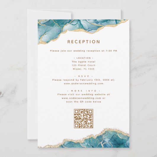 Agaat QR Code Turquoise Blauwgroen Gouden Bruiloft Kaart (Achterkant)