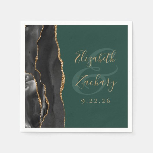 Agaat Script Zwart Goud Smaragd Groen Bruiloft Servet (Voorkant)