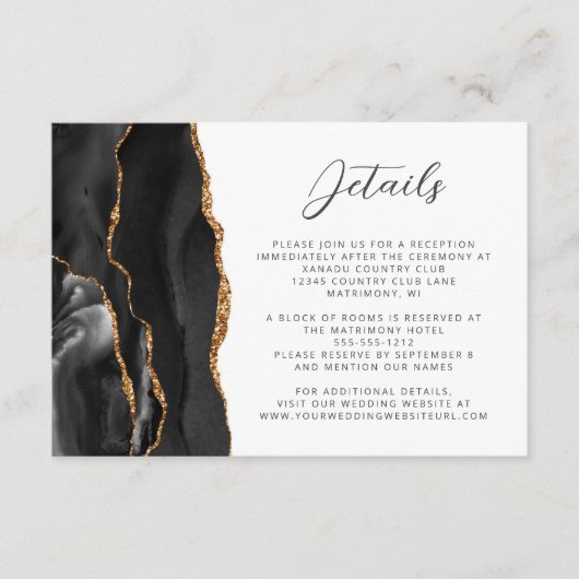 Agaat Zwart Goud Modern Script Bruiloft Details Informatiekaartje (Voorkant)