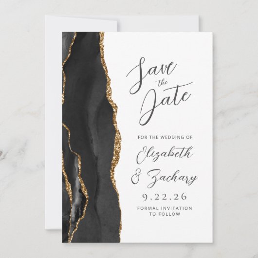 Agaat Zwart Goud Modern Script Bruiloft Save The Date (Voorkant)