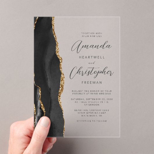 Agate Black Gold Script Weddenschap Acryl Uitnodigingen (Insitu (Draagbaar))