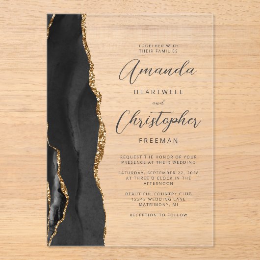 Agate Black Gold Script Weddenschap Acryl Uitnodigingen (Voorkant)